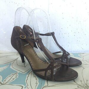 Gianni Bini Bronze Metallic Leather T strap Sandal - Size 6.5 Y2K Dressy Heels